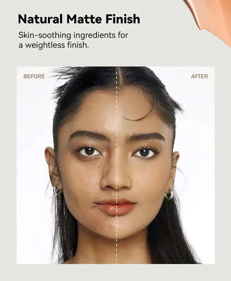 Face foundation cream before and after application showing natural matte finish and even skin tone.