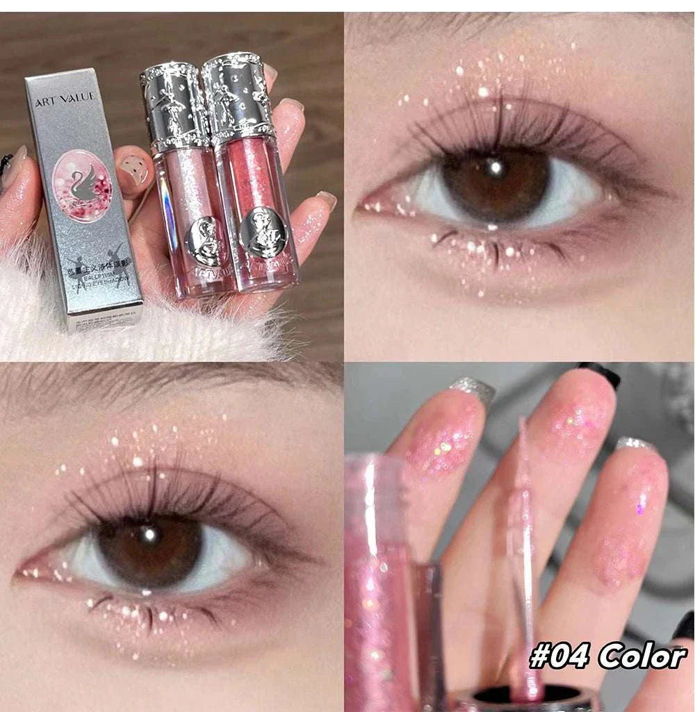 Pink glittery liquid eyeshadow with fine shimmer in silver packaging shown on eyelids and fingers.