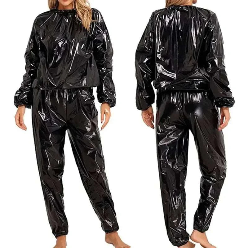 Black shiny PVC sauna suit for men and women shown from front and back views for workout use