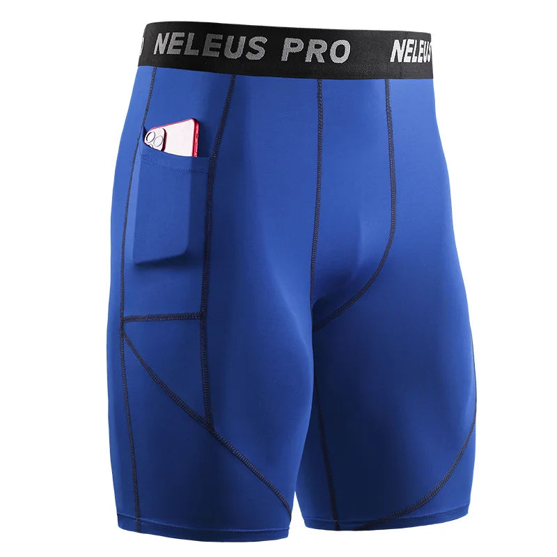 Blue men's outdoor running shorts with side pocket holding phone, elastic waistband, and black "NELEUS PRO" logo band