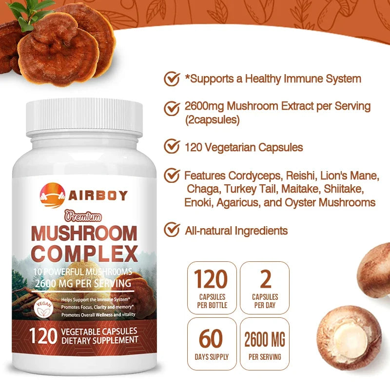 Bottle of Airboy Premium Mushroom Complex capsules with mushroom illustrations and supplement benefits text