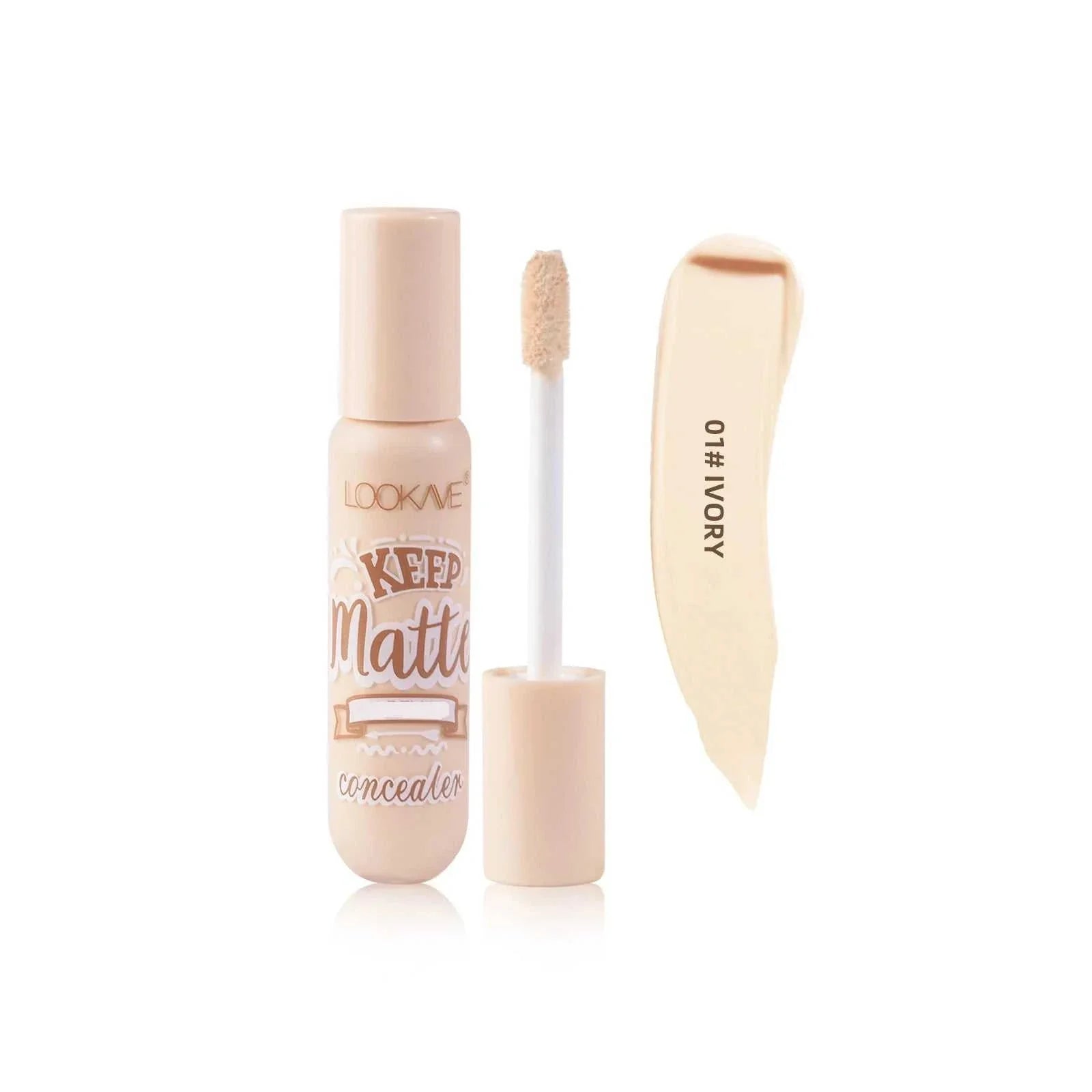 Liquid Concealer Stick in ivory shade with applicator and creamy texture swatch