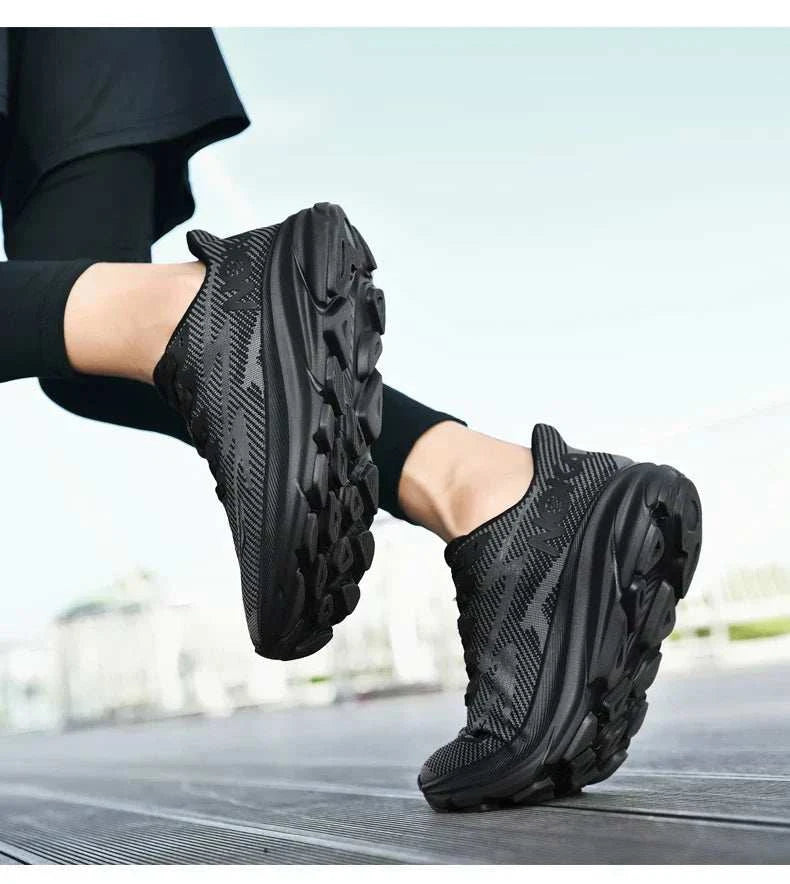 Black unisex Carbon Plate Air Cushion running shoes with lightweight breathable mesh and durable rubber outsole.