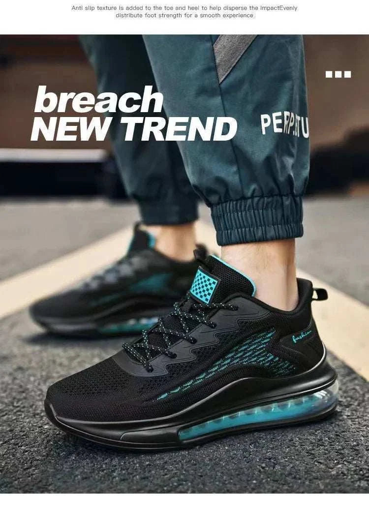 Men's casual air cushion running shoes with breathable mesh upper and shock-absorbing sole in black and teal design