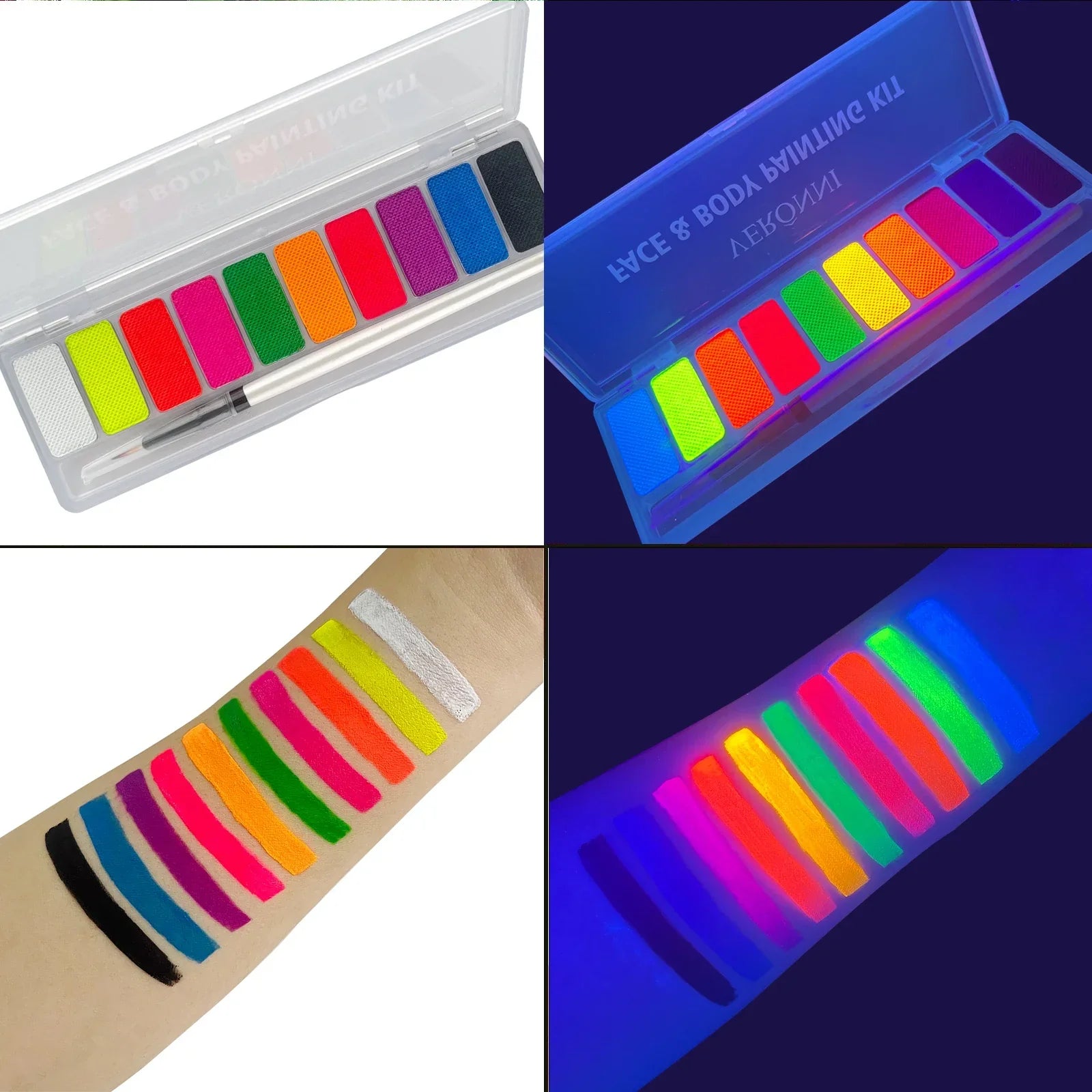 Glow fluorescent neon oil face and body paint set with 10 vibrant UV reactive colors, smooth waterproof formula, shown in daylight and glowing under blacklight on skin swatches