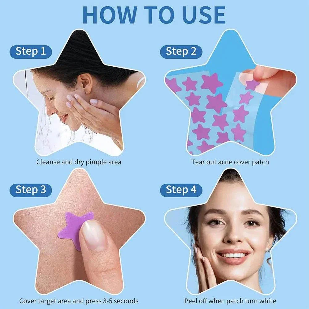 Colorful star-shaped pimple patches demonstrating cleaning skin, applying patch, and removing after use for acne treatment.