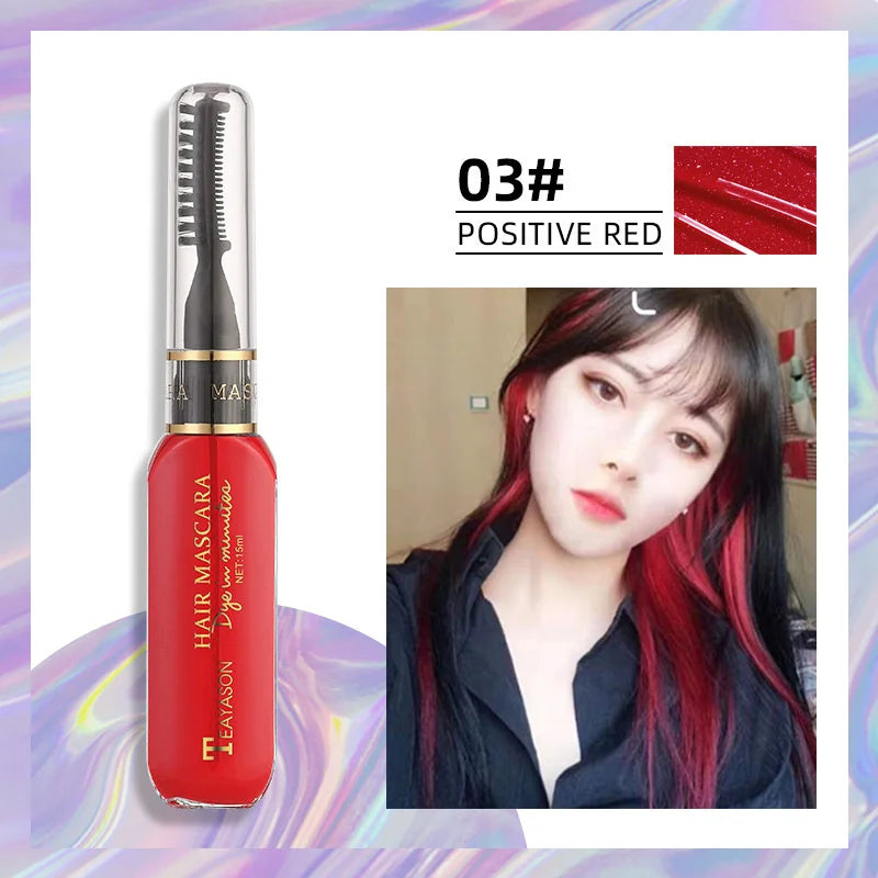 13 Colors One-Off Hair Color Mascara in vivid red shade with brush applicator and model showcasing temporary red streaks in hair