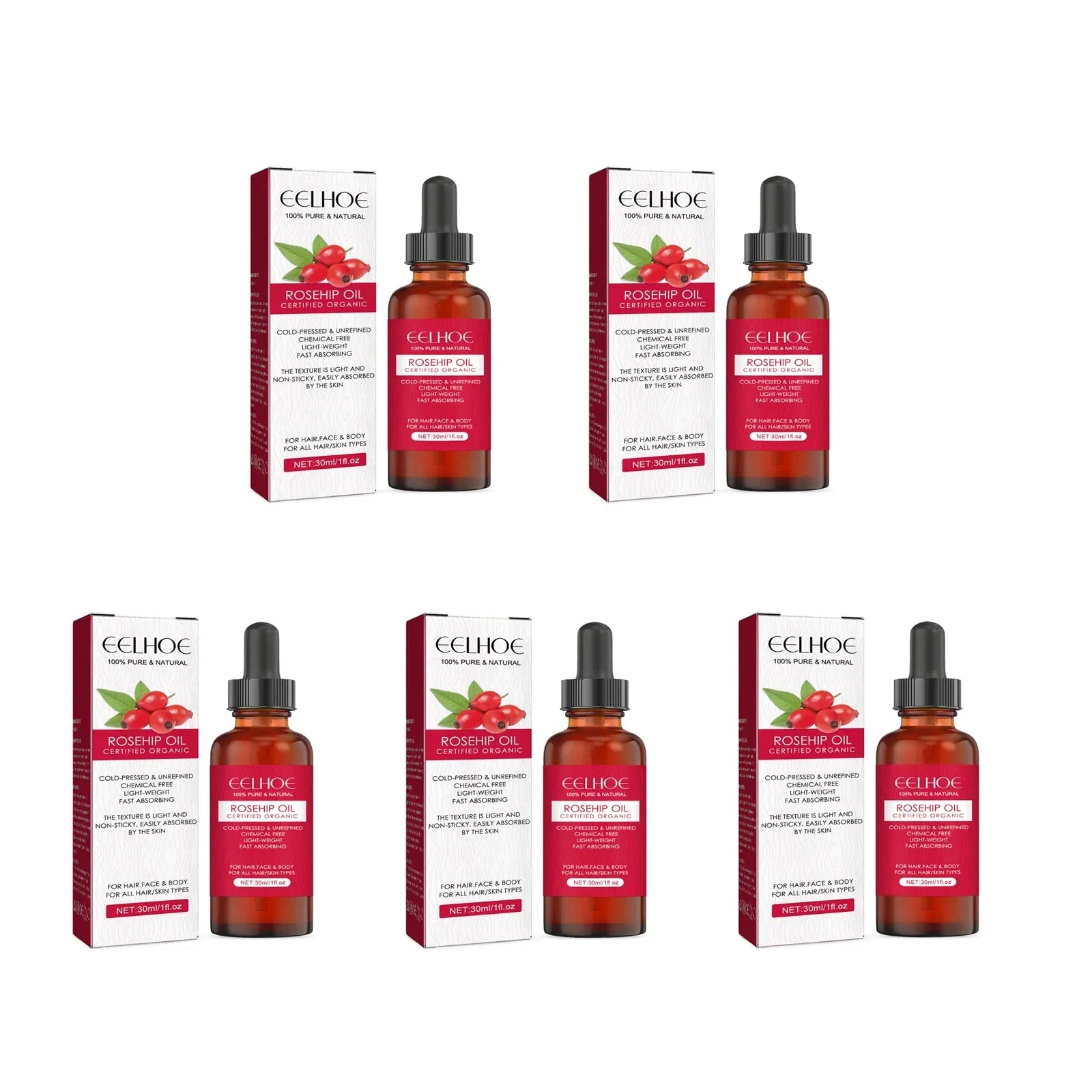 Bottles and packaging of EELHOE Rosehip Facial Essential Oil for skin nourishment and anti-aging benefits