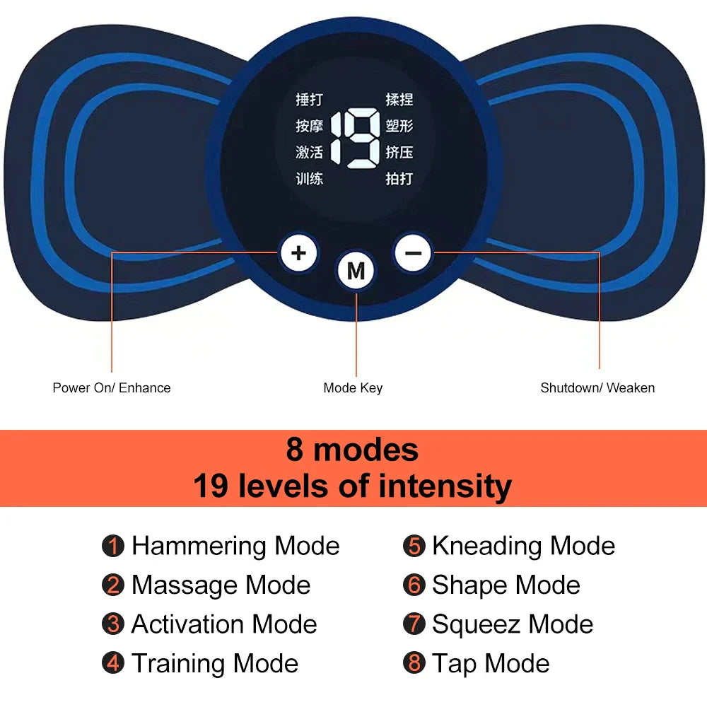 Mini electric neck massager with 8 modes and 19 intensity levels for deep tissue stimulation and pain relief
