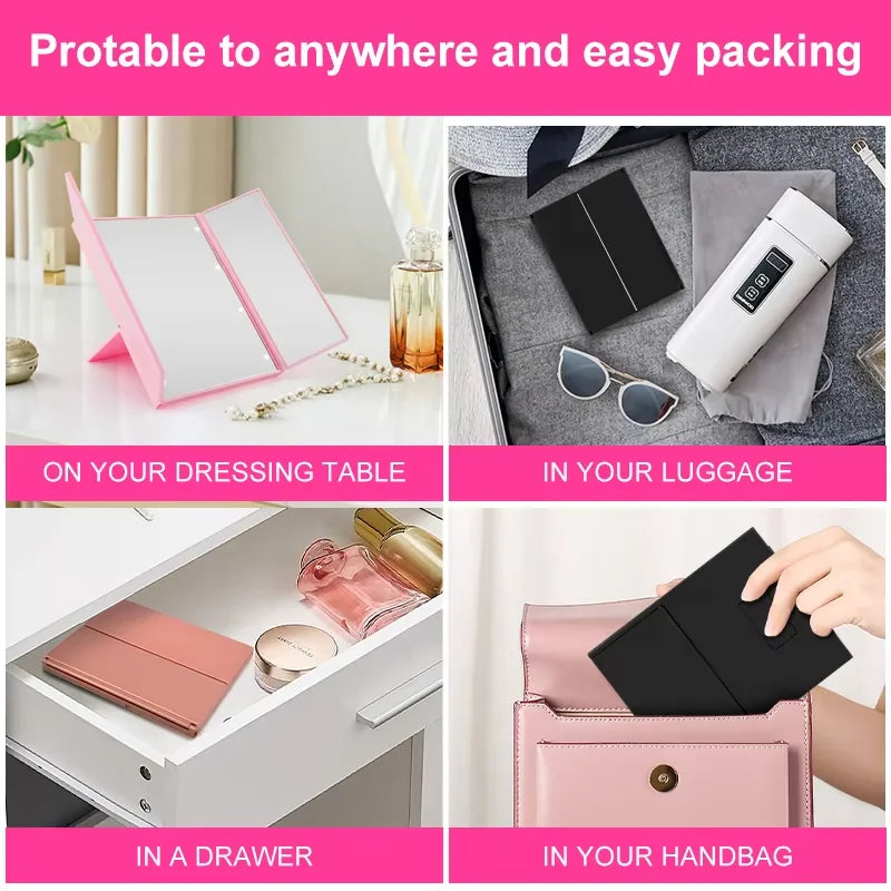Portable three-sided LED makeup mirror shown on dressing table, in luggage, drawer, and handbag for easy packing and travel use