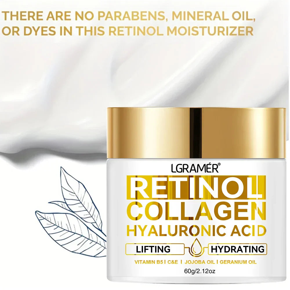 Retinol Anti-Aging Face Cream with Collagen and Hyaluronic Acid for lifting, hydrating, and smoothing wrinkles, free from parabens and mineral oil.