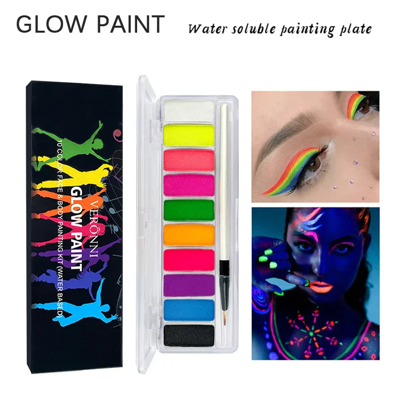 Glow Fluorescent Neon Oil face and body paint kit with 10 vibrant UV-reactive colors, smooth oil-based formula, waterproof and skin-safe for glowing party makeup.