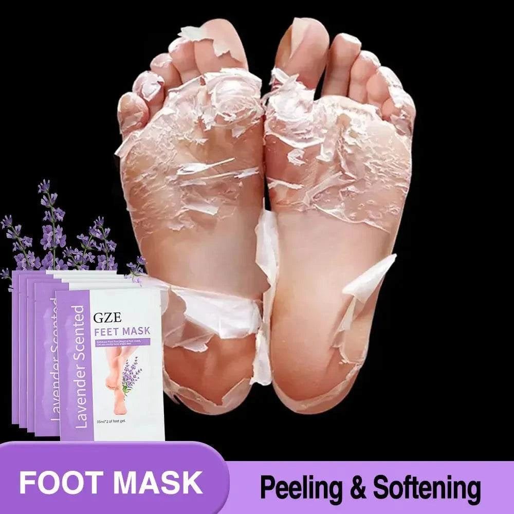 GZE Foot Peel Mask exfoliating peeling dead skin from feet with lavender scent packaging and lavender flowers background