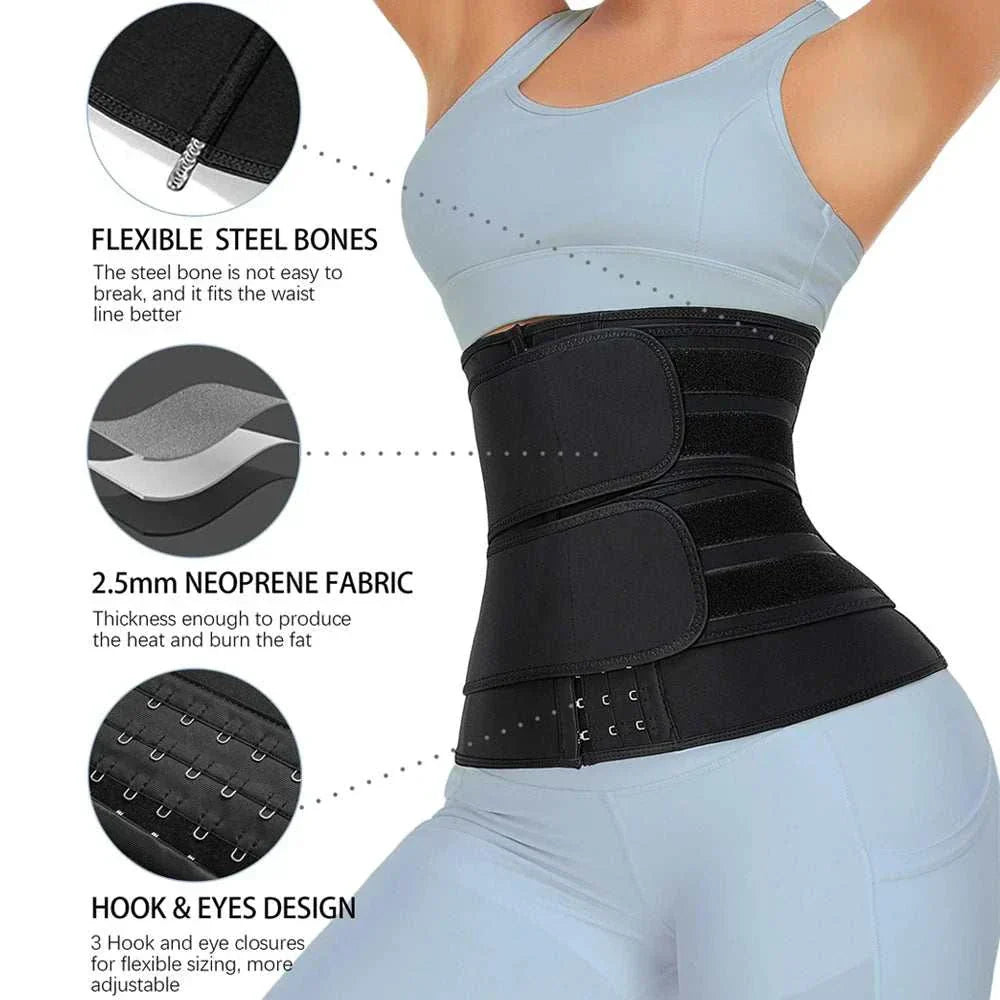 Breathable neoprene waist trainer belt with flexible steel bones, 2.5mm neoprene fabric, and adjustable hook & eye closures for core support and waist shaping