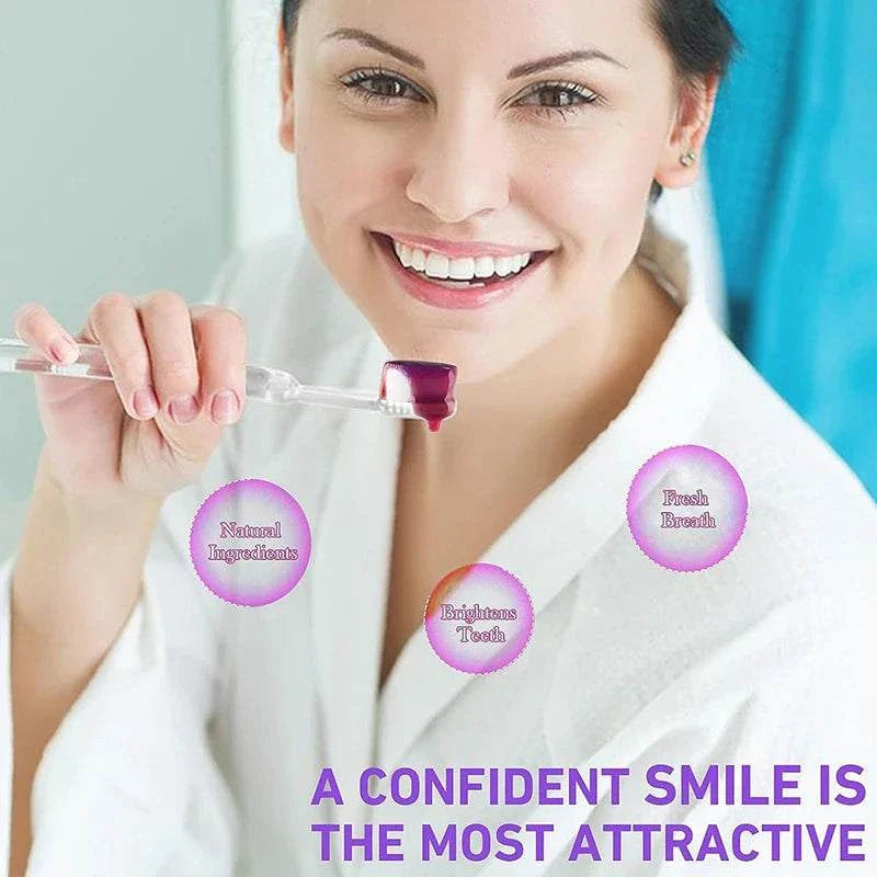 Smiling woman holding toothbrush with 5D Teeth Whitening Stick gel, promoting natural ingredients, teeth brightening, and fresh breath for confident smile