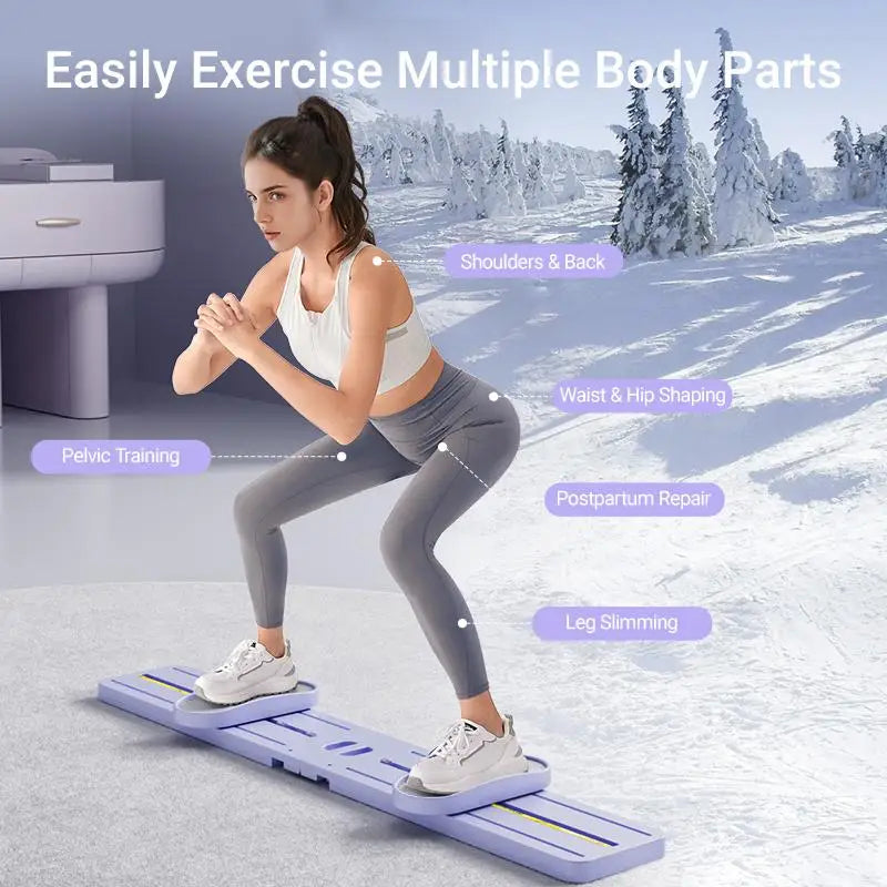 Postpartum woman using foldable 3-in-1 ski trainer for leg, pelvic, and hip strengthening and slimming at home