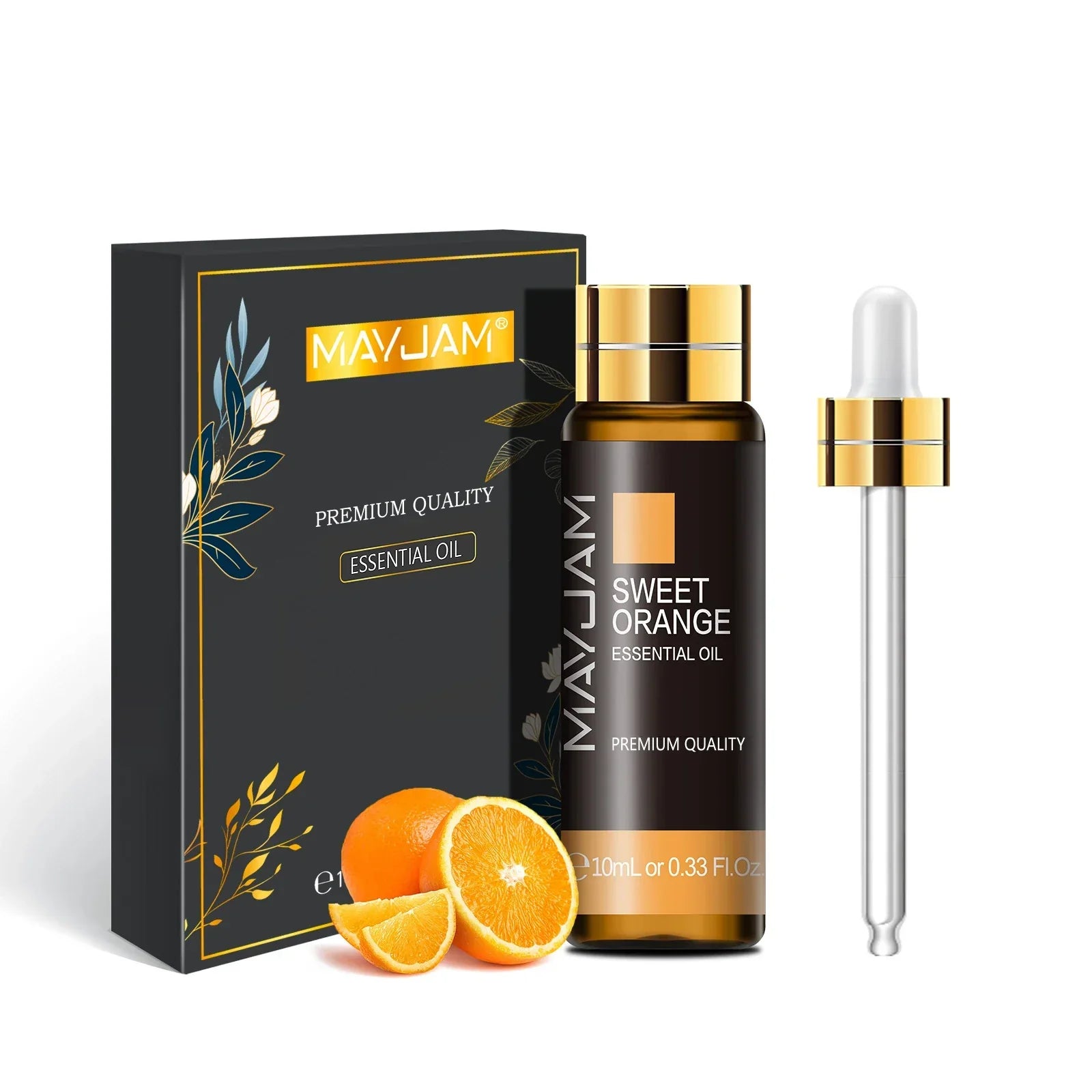 MAYJAM Essential Oil Sweet Orange 10ml bottle with dropper and black gift box with orange fruit slices