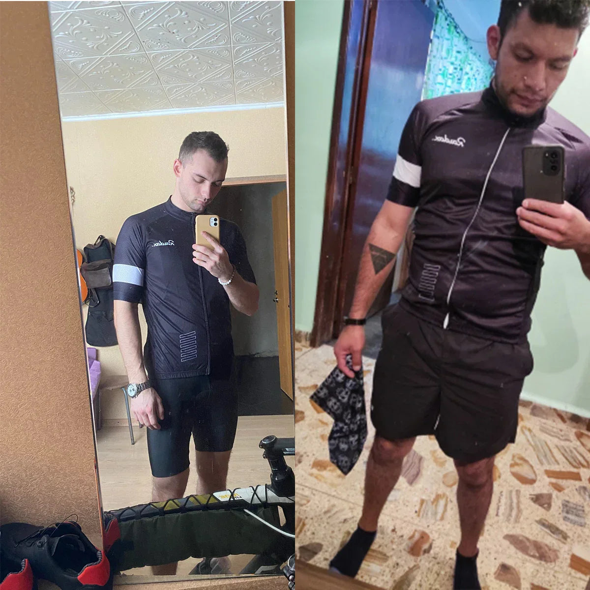 Raudax Classic Black Cycling Jersey worn by man, slim fit, short sleeve, breathable fabric with white arm stripe, front zipper and minimalist design