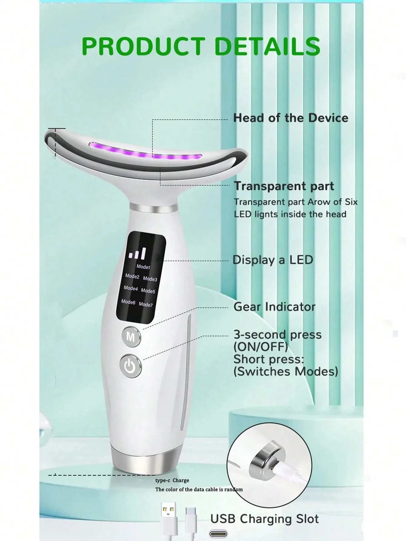 Colour Light Face & Neck Beauty Instrument with LED display, ergonomic grip, USB charging, and multi-mode light therapy for skin rejuvenation.