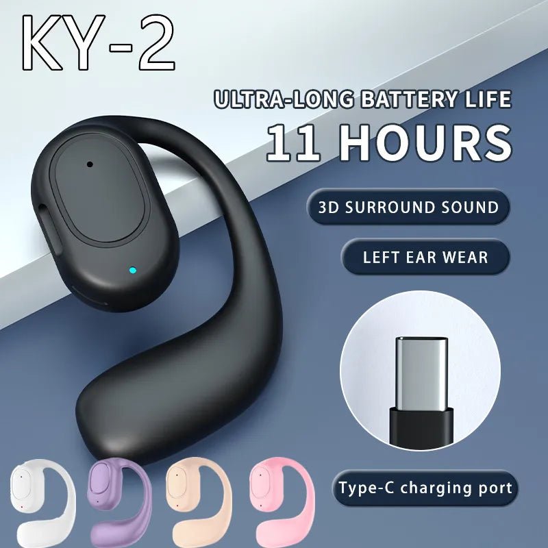 Wireless Bluetooth earphones KY2 with open-ear sport design, 11-hour battery life, 3D surround sound, left ear wear, and Type-C charging port in multiple colors.