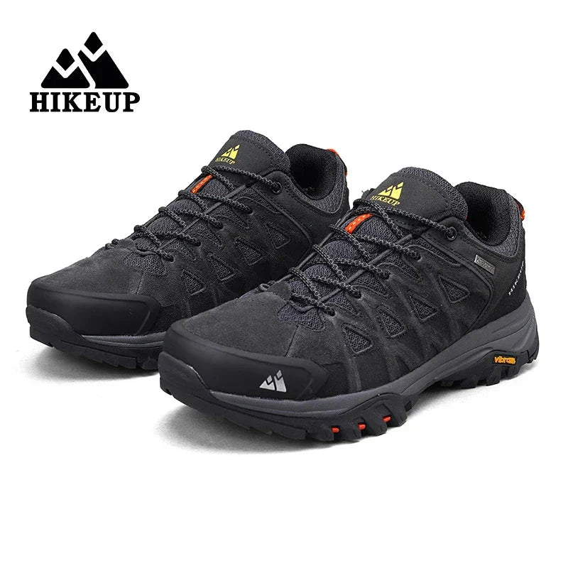 Black HIKEUP men's hiking shoes with durable construction, breathable mesh, and high-traction soles for all-terrain outdoor performance