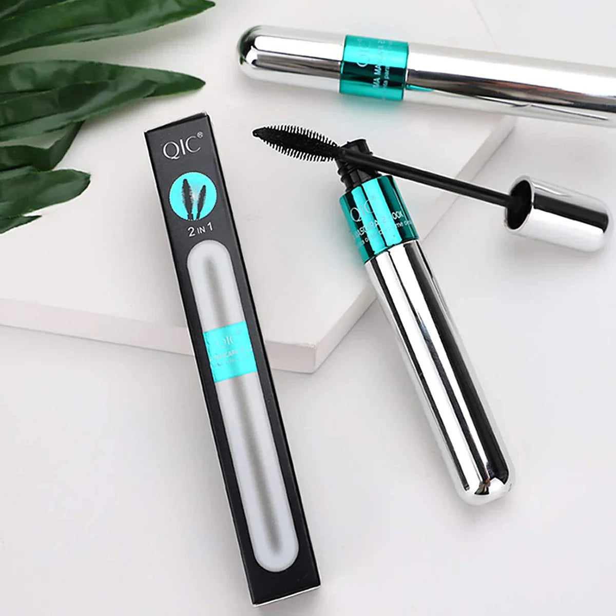 Double In-One Silk Fiber Mascara waterproof volumizing lengthening with precision wand and sleek silver packaging