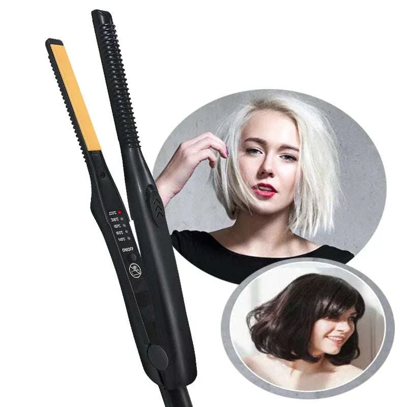 Mini Teddy Wave Hair Straightener with ceramic plates and portable black design for sleek straight, wavy, or curly hairstyles.