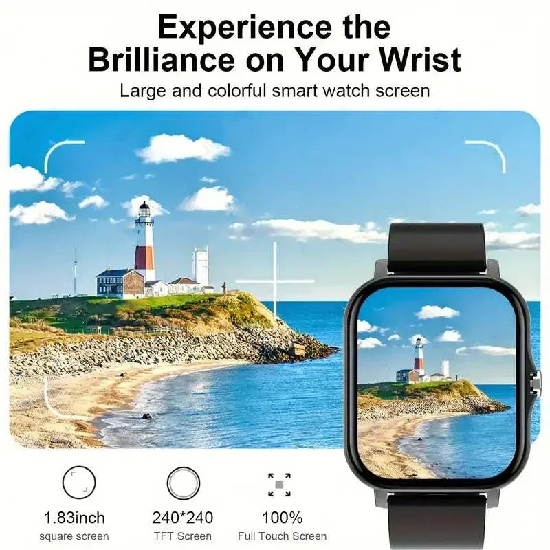 KESHUYOU 2025 Smart Watch with 1.83 inch 240x240 full touch colorful screen displaying a lighthouse and coastline scene