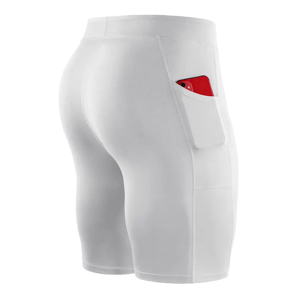 Men's outdoor running shorts in white with side pocket holding a red phone, designed for versatile sports and breathable comfort