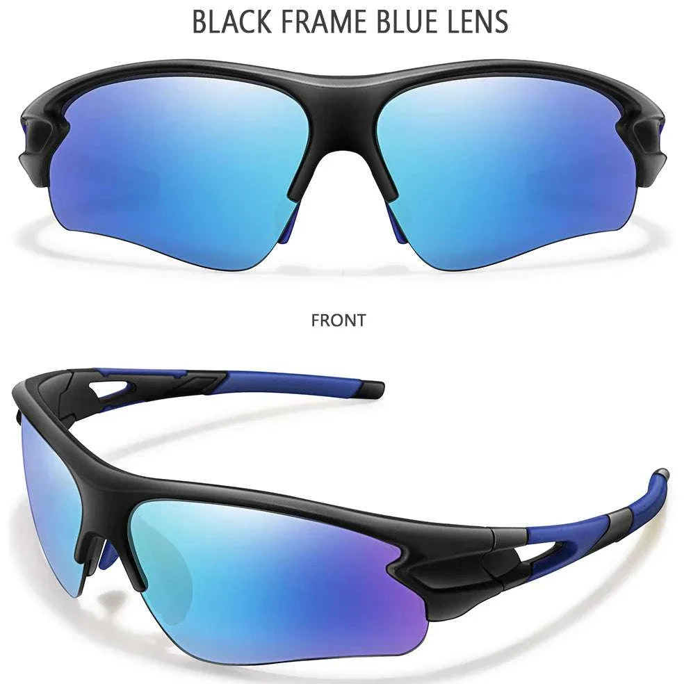 Black frame sporty sunglasses with blue mirrored lenses for women and men, UV400 protection, lightweight and durable design ideal for outdoor sports and activities
