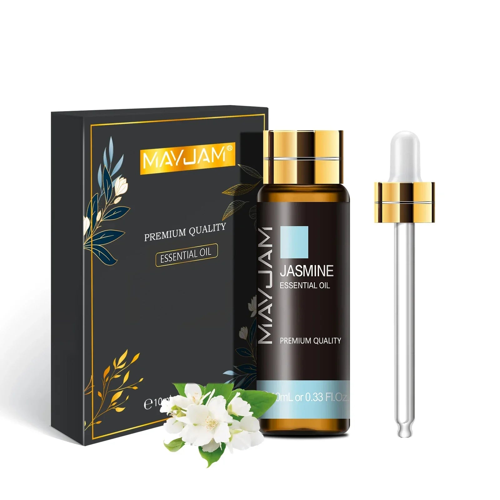 MAYJAM Jasmine Essential Oil 10ml bottle with dropper and black premium packaging with floral design
