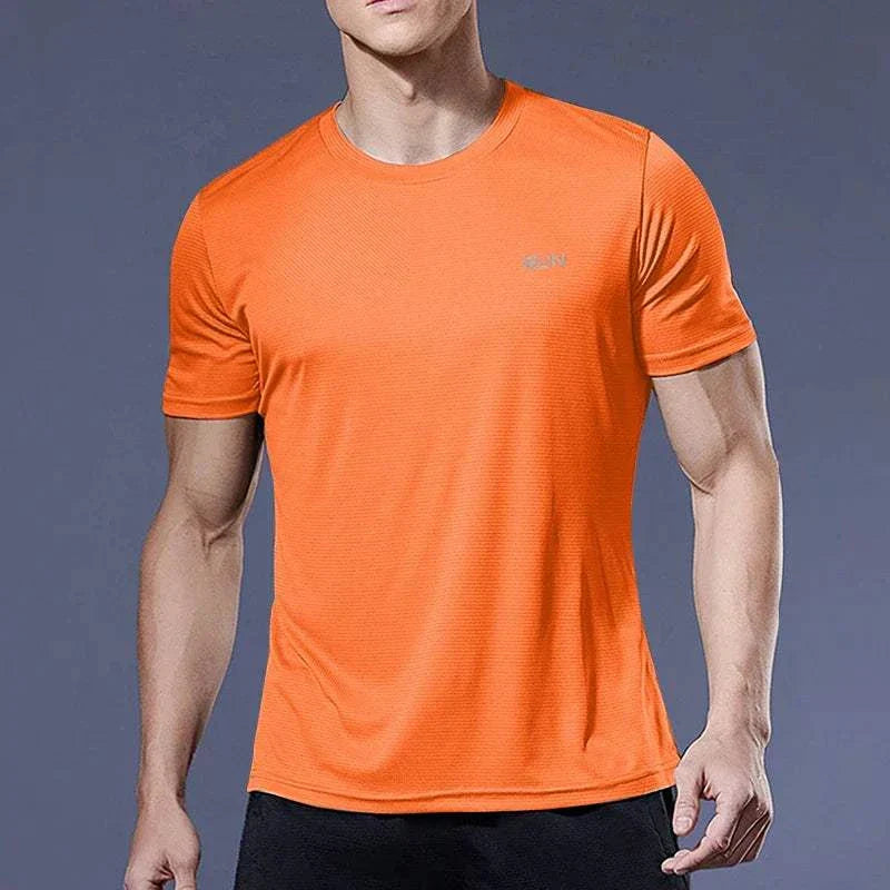Men’s orange quick-dry compression sport t-shirt with breathable fabric and snug fit for athletic training