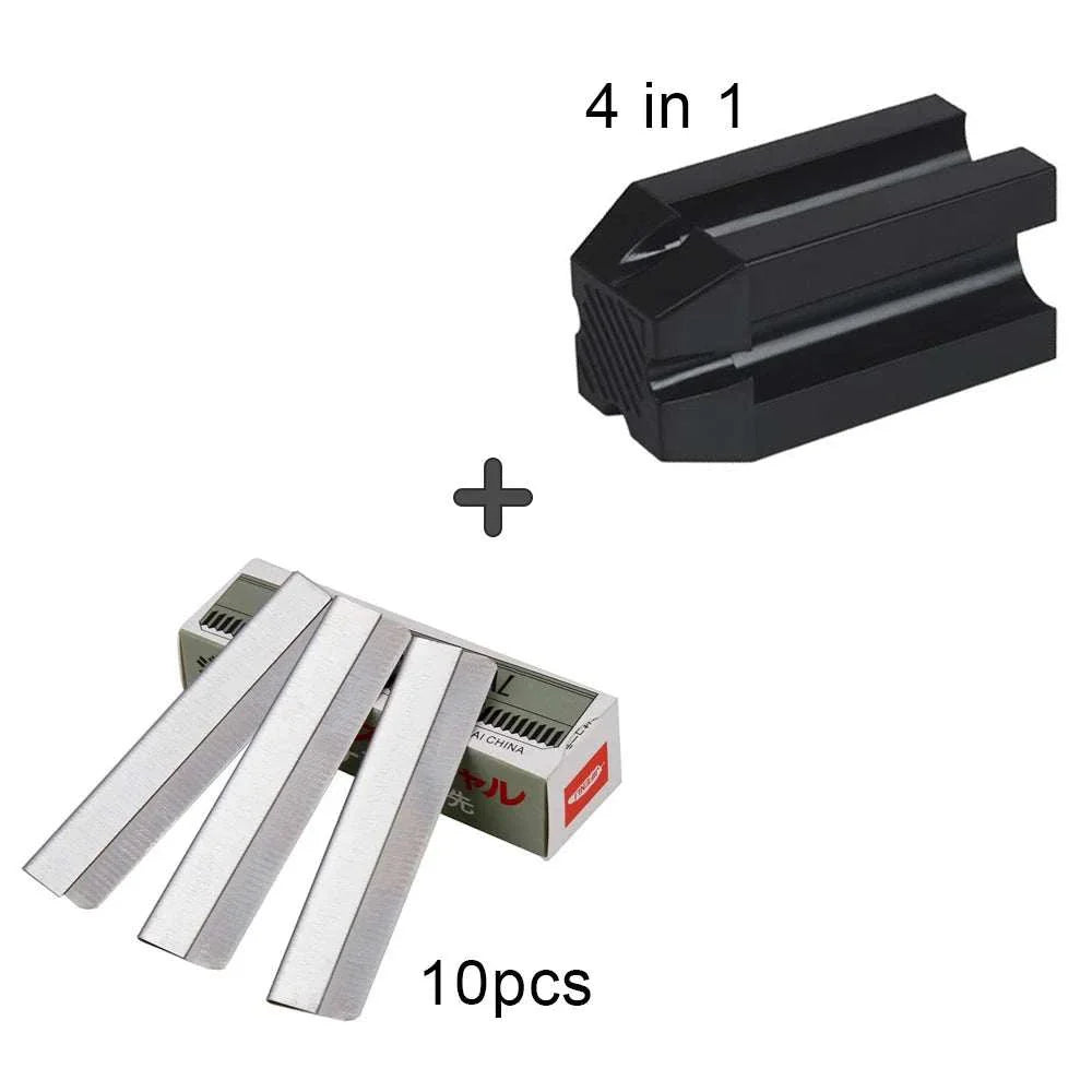 Eyebrow pencil sharpener and 10-piece precision brow trimmer blades set for grooming and shaping brows.