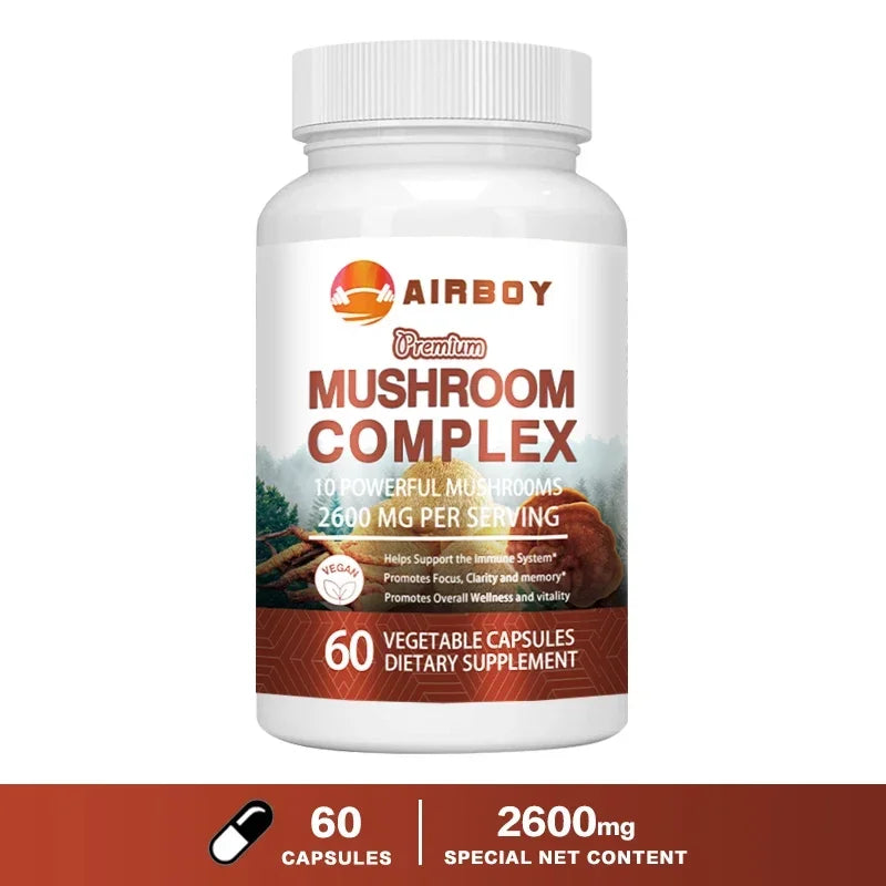 Airboy Mushroom Complex Capsules dietary supplement with 2600mg per serving, 60 vegan capsules for brain, energy, and immune support