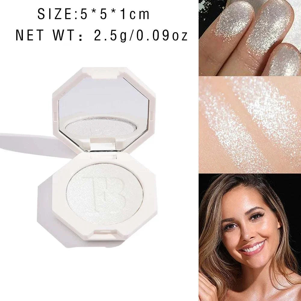 Face & Body Shimmering Highlighter compact with 3D diamond glow, smooth texture, glittering silver-white shimmer on skin, and smiling woman showcasing radiant makeup.