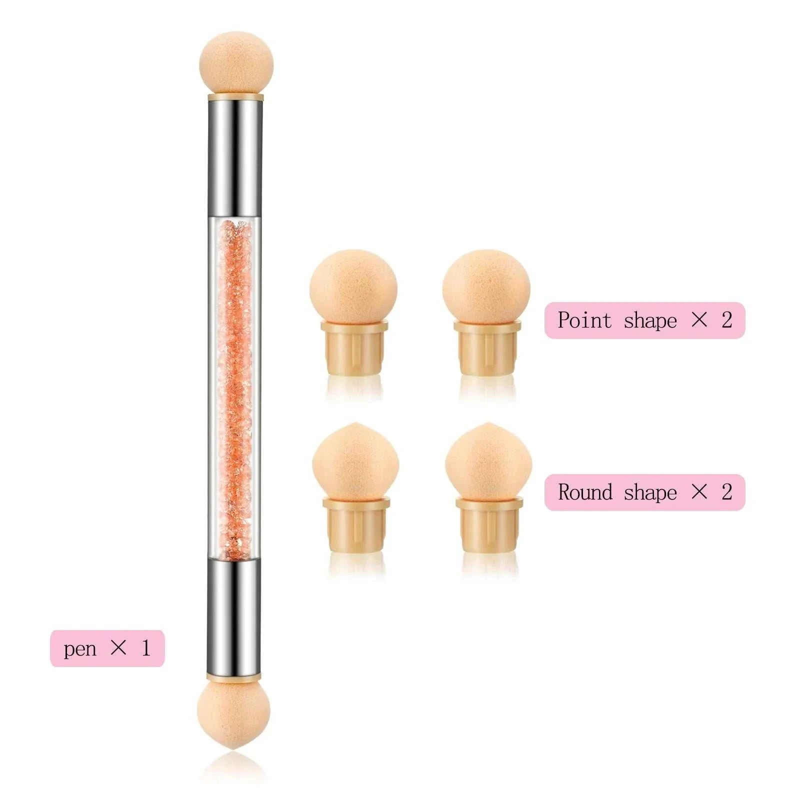 Double-headed sponge nail art brush with interchangeable point and round-shaped sponge tips for gradient and dotting designs.