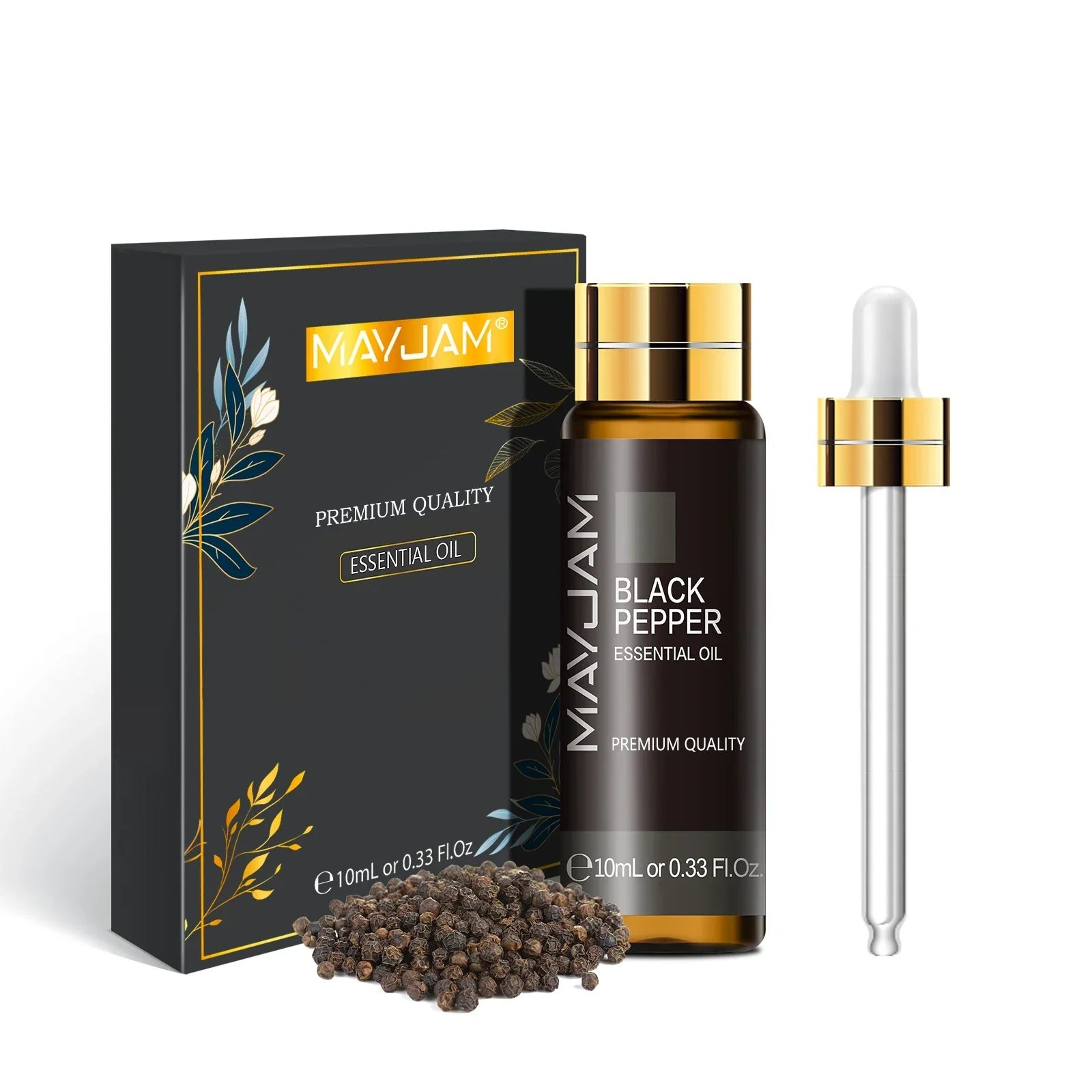 MAYJAM Black Pepper Essential Oil 10ml bottle with dropper and black packaging with peppercorns for aromatherapy and wellness