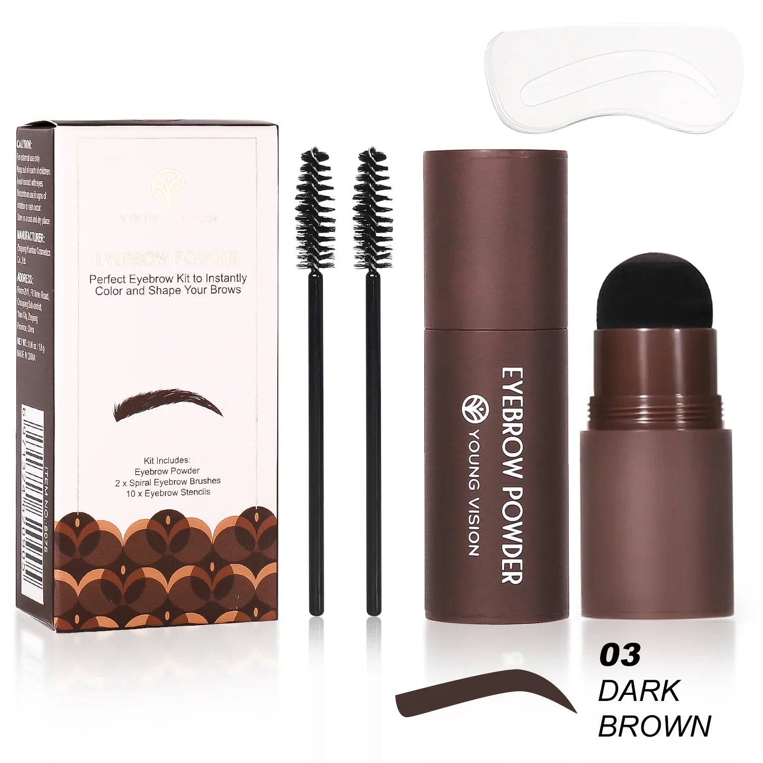 Eyebrow Stamp Stencil Kit with dark brown eyebrow powder, dual spiral brushes, and reusable stencils for easy, waterproof brow shaping