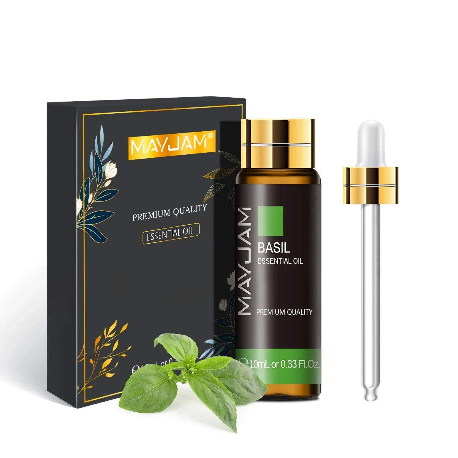 MAYJAM Essential Oil 10ml bottle with dropper and basil leaves, premium quality natural aromatic oil for diffusers and wellness use