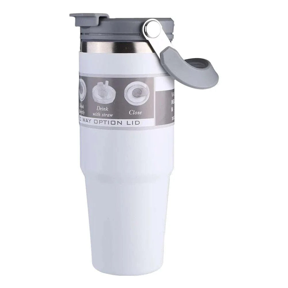 30oz white vacuum insulated cup with handle and leak-resistant lid, stainless steel double-layer sports water bottle for hot and cold drinks