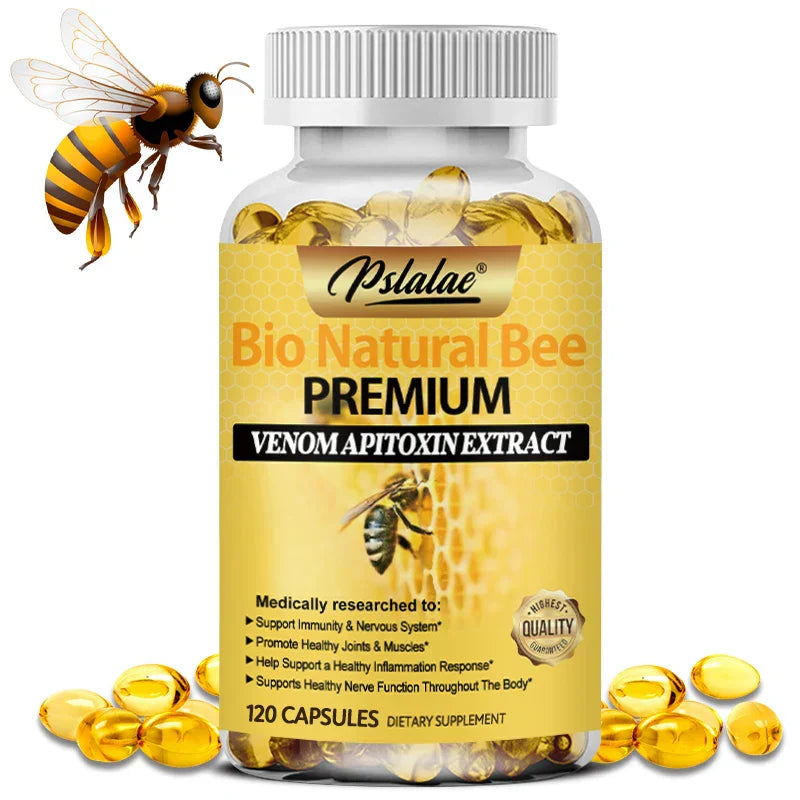 Bottle of natural bee capsules with venom apitoxin extract, supporting joint relief, bone health, immunity, and antioxidant protection.
