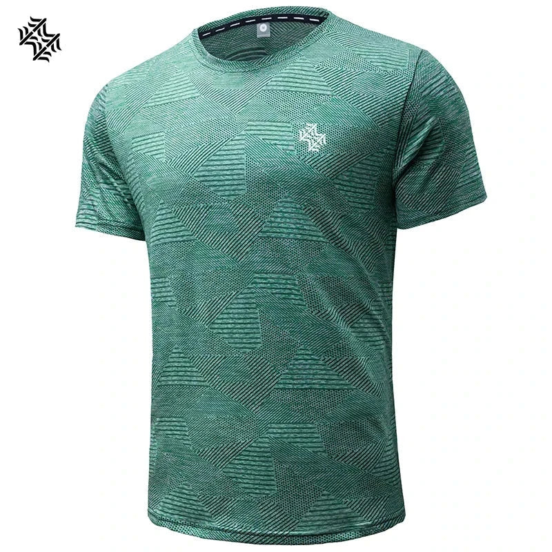Green football style men's fitness t-shirt with geometric pattern and short sleeves designed for active wear