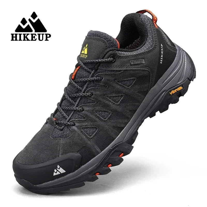 Black HIKEUP men's hiking shoe with durable construction, superior grip sole, breathable mesh, and stylish design for outdoor adventures