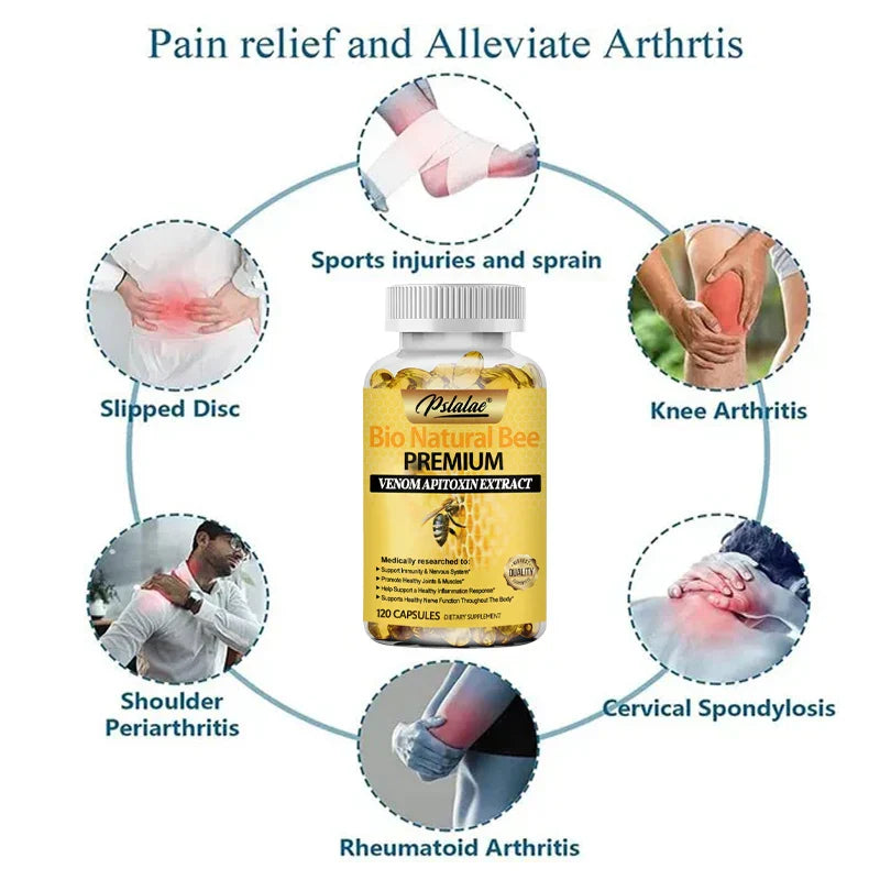 Natural Bee Capsules bottle surrounded by images depicting relief from joint pain, knee arthritis, slipped disc, shoulder periarthritis, rheumatoid arthritis, cervical spondylosis, and sports injuries.