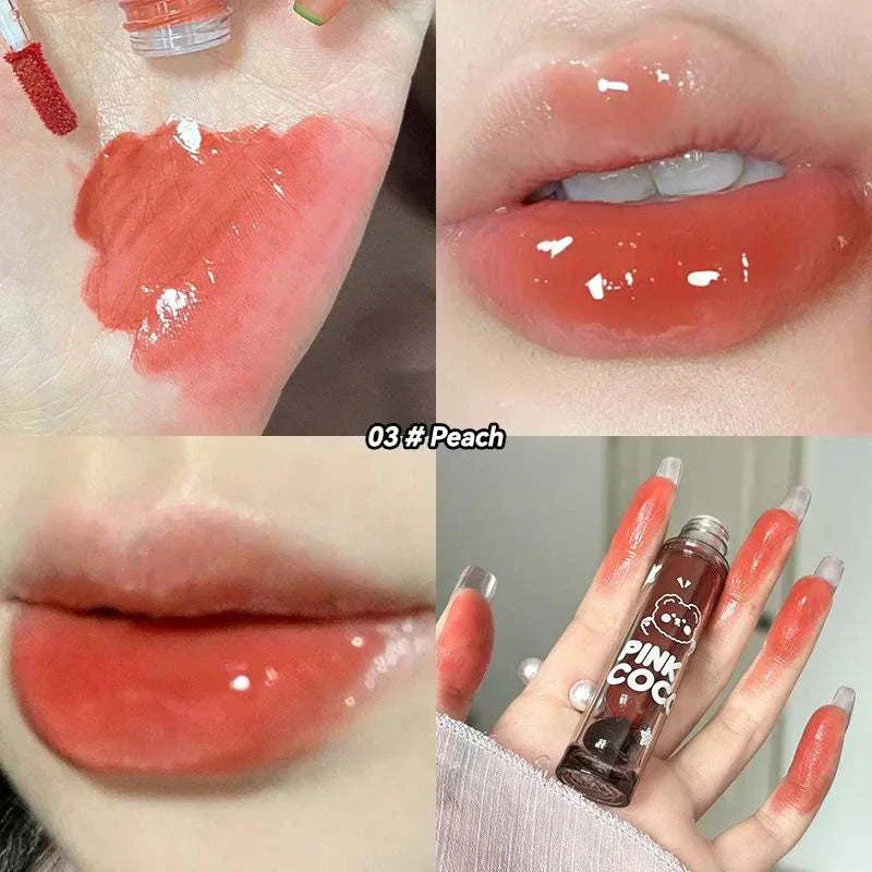 PINKCOCO Bear Doodle Mirror Lip Glaze in peach shade showing glossy, hydrated lips and swatch on hand with cute bear doodle packaging.