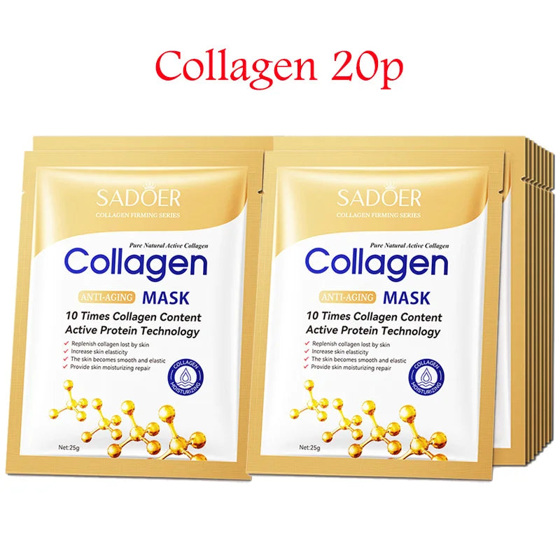 20pcs Hyaluronic Acid Collagen Face Mask set with anti-aging, deep hydration, and firming benefits for all skin types