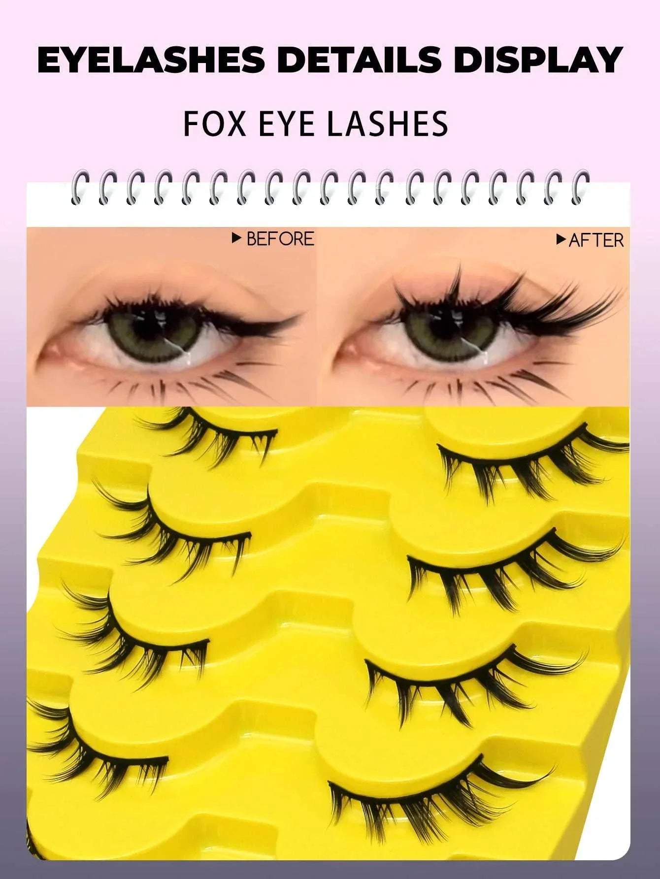 GROINNEYA Cat Eye Lashes 3D faux mink fox eye style before and after application showing volumizing natural cat eye effect in a yellow tray with multiple pairs.
