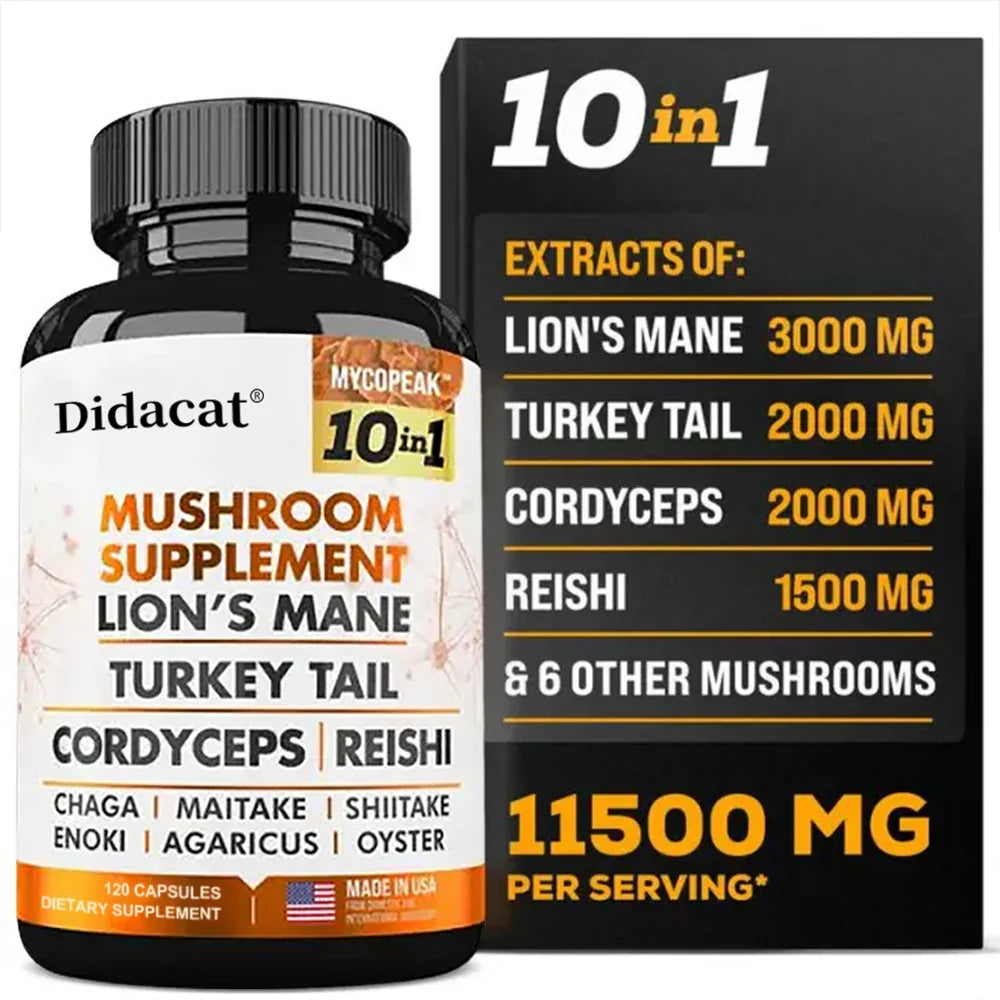 Mushroom Supplement 10x Complex bottle with 10-in-1 mushroom extracts including Lion's Mane, Turkey Tail, Cordyceps, and Reishi for memory, focus, and immune support.