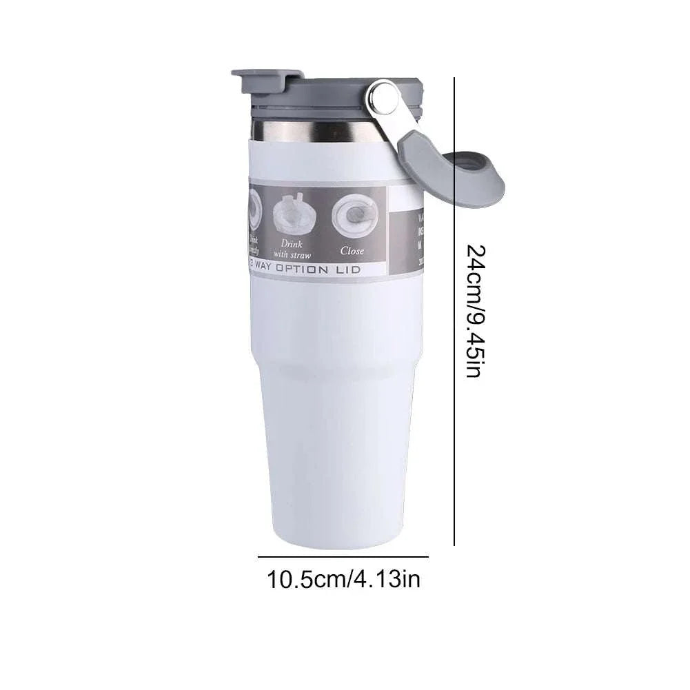 30oz white vacuum insulated stainless steel cup with handle and leak-resistant lid, 24cm tall and 10.5cm wide, designed for hot and cold beverages.