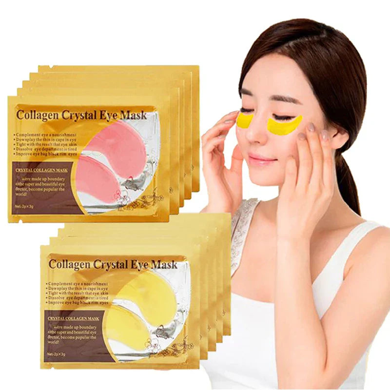 Woman applying Gold Collagen Crystal Eye Mask patches with packaging showing pink and yellow sets for firming and moisturizing under-eyes